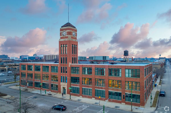 An exterior view of mHUB's new HQ, at the intersection of Ashland and Fulton.